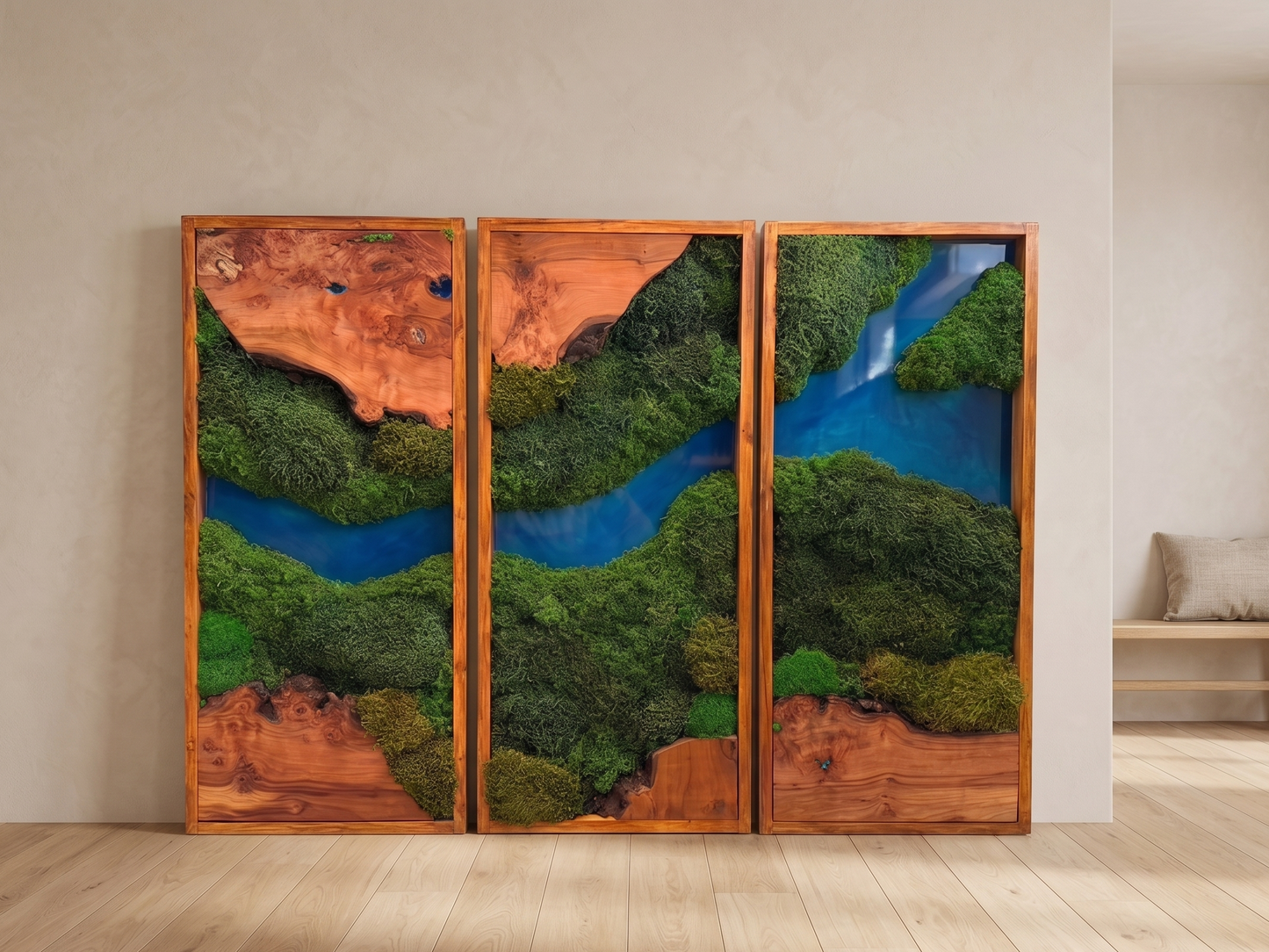 Elevated Triptych Moss & Teak Resin Wall Art - "Azure River" Series mossartbyrishstudio