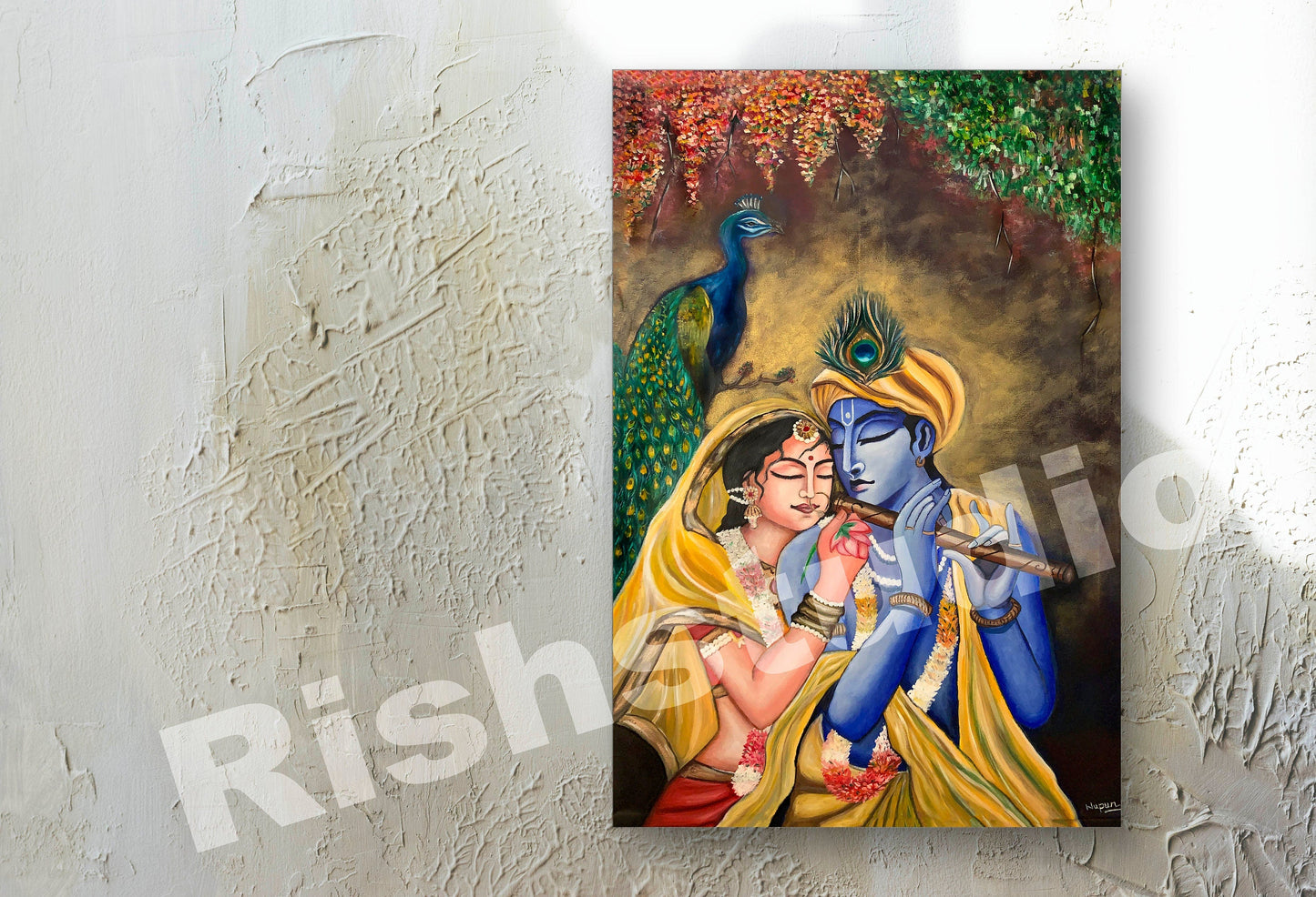 Radha Krishna Canvas Wall Art – Divine Hindu Love Painting with Peacock – Spiritual Indian Couple Artwork – Handpainted Religious Decor for Home or Gift mossartbyrishstudio