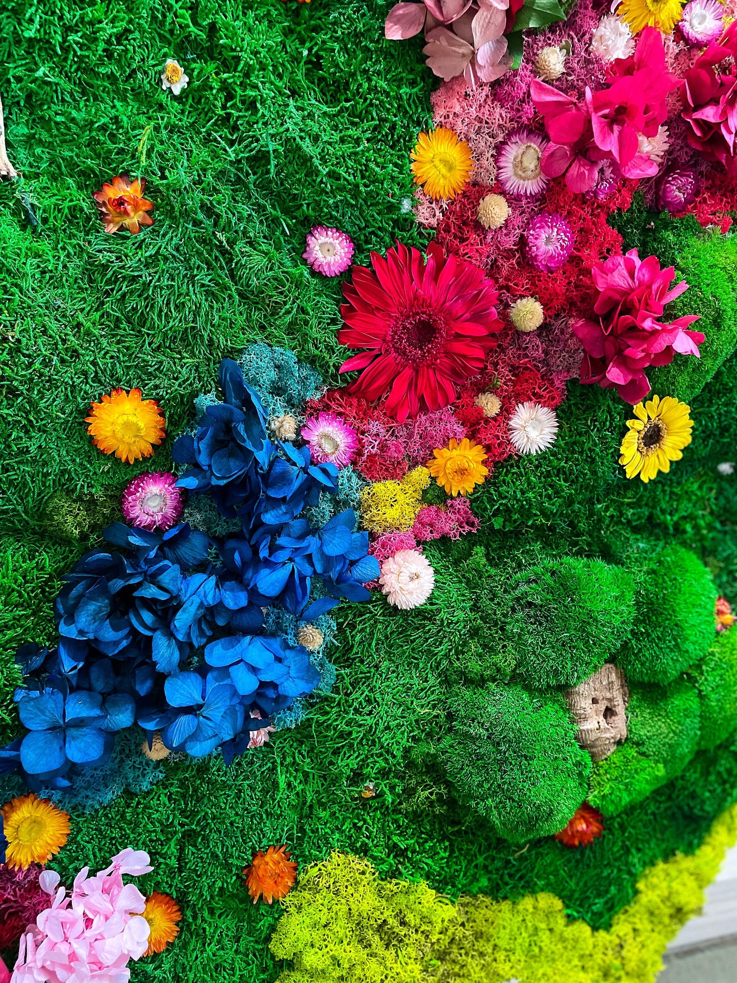 Preserved Moss wall with colorful lichen and dried flower mossartbyrishstudio