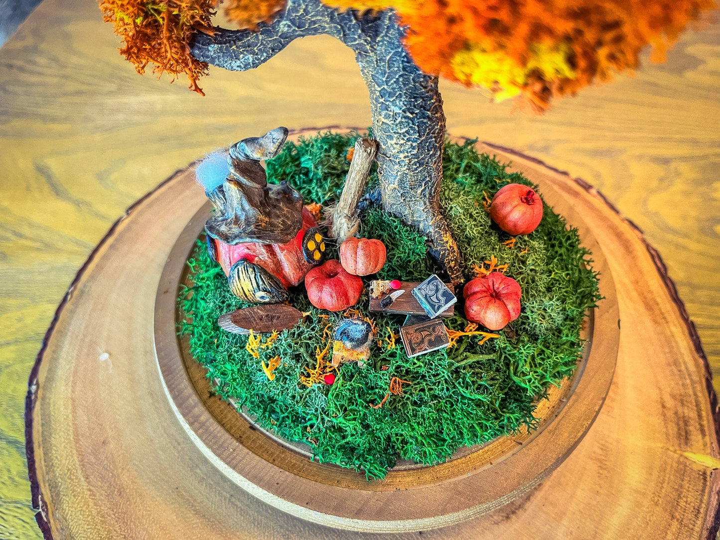 Autumn Fairy Tree Terrarium with Pumpkins – Handmade Fall Dome Decor with Preserved Moss – Woodland Cottagecore Glass Cloche Display mossartbyrishstudio