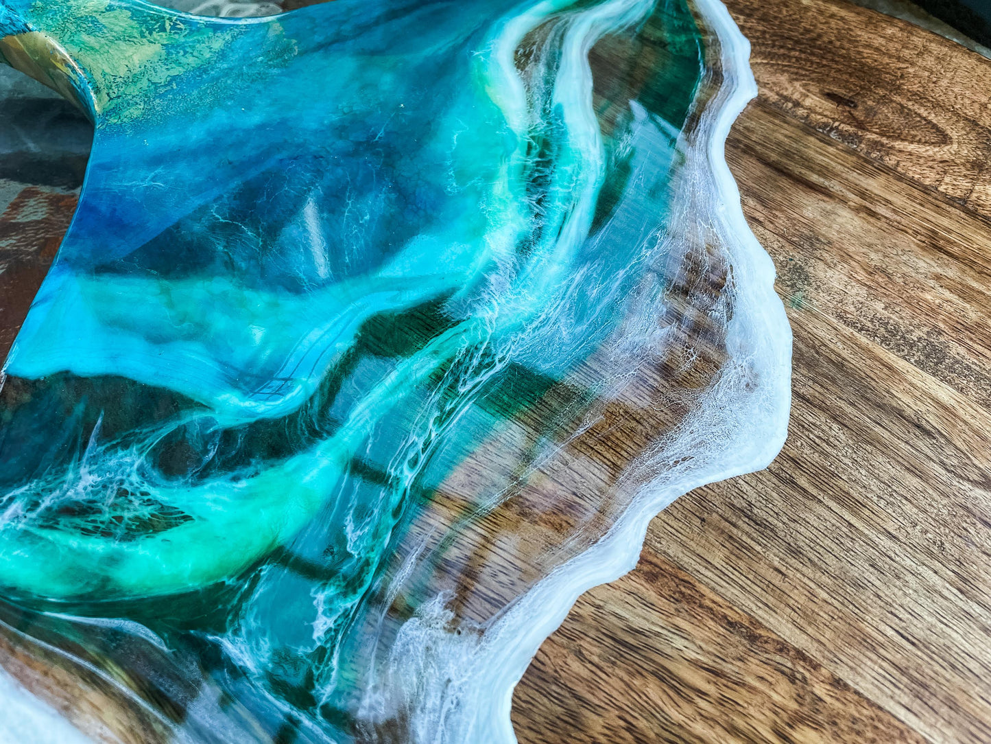 Resin Ocean Wave Charcuterie Board: Personalized Oak Wood Cutting Board mossartbyrishstudio