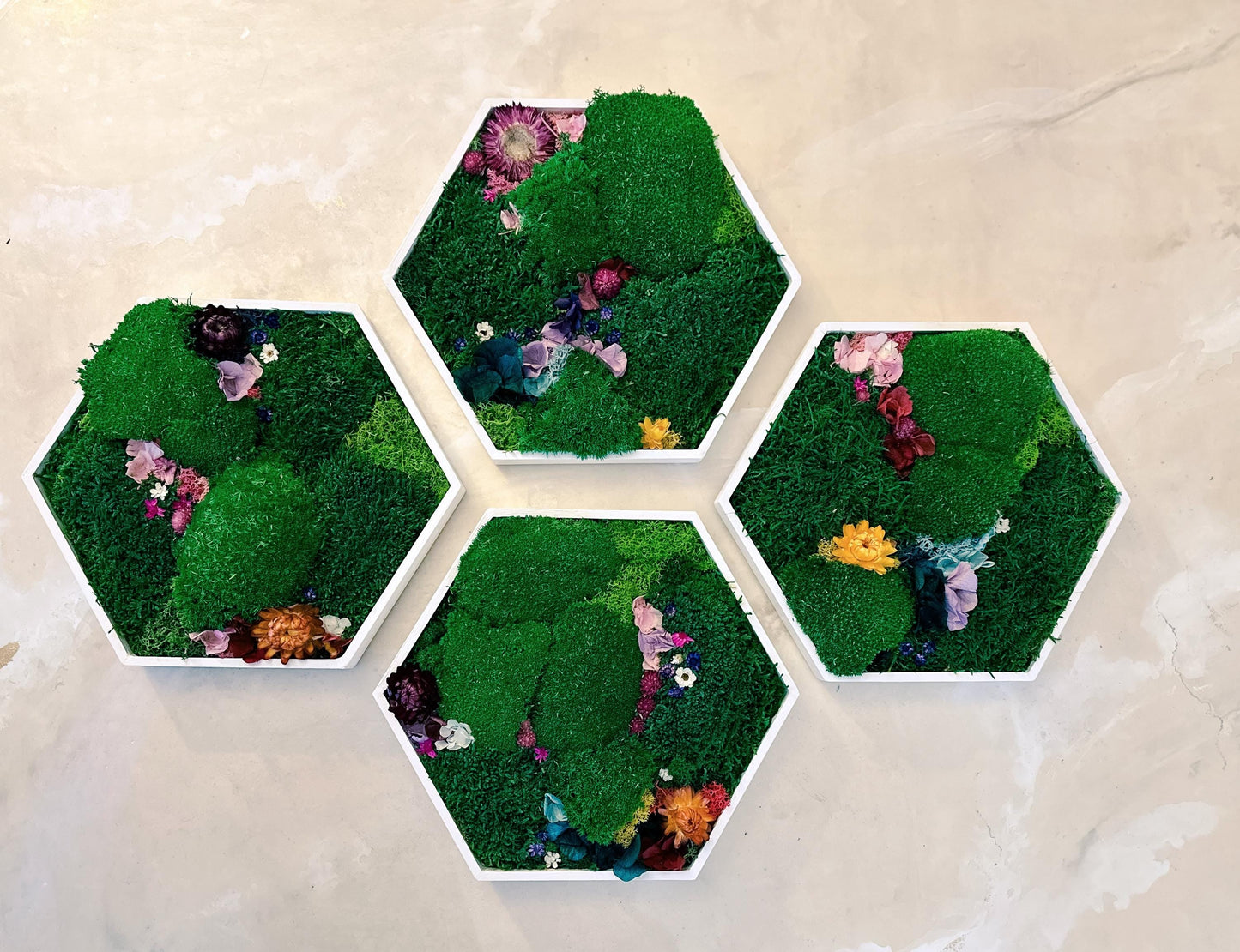 Hexagonal Moss Wall Art Set – Handmade Moss Decor with flowers & Preserved Greenery Panels for Home & Office mossartbyrishstudio