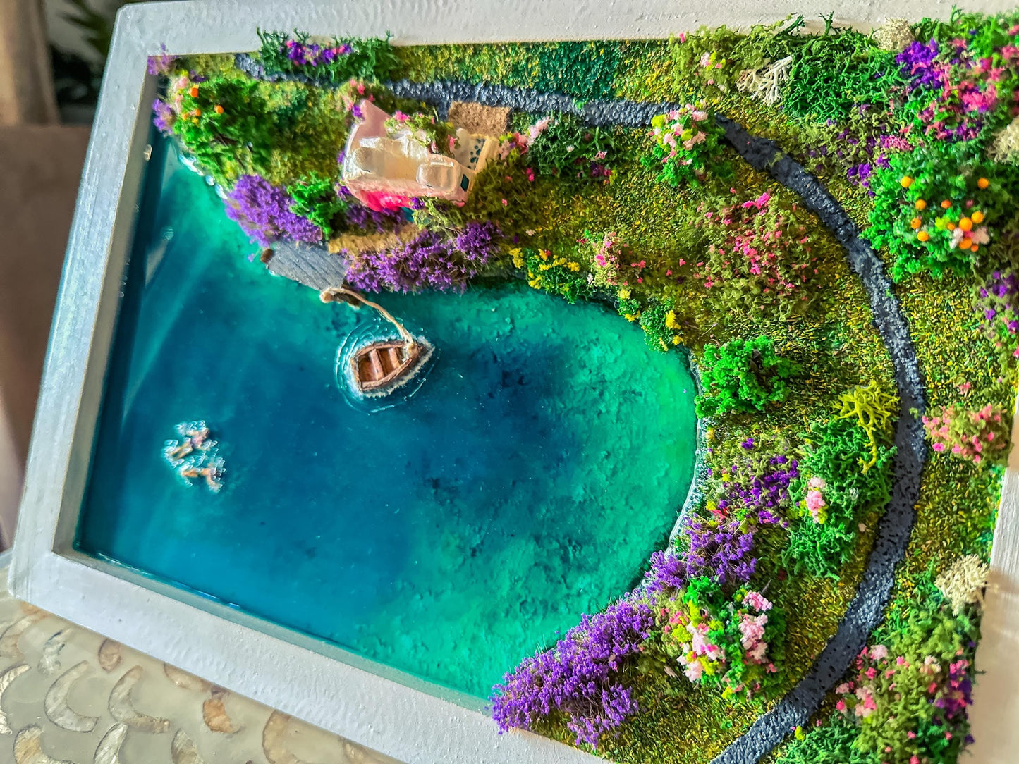 Miniature Lake House Diorama with Resin Water & Moss Landscape | 3D Cottage by the Lake Wall Art | Handmade Nature Scene for Home Décor mossartbyrishstudio