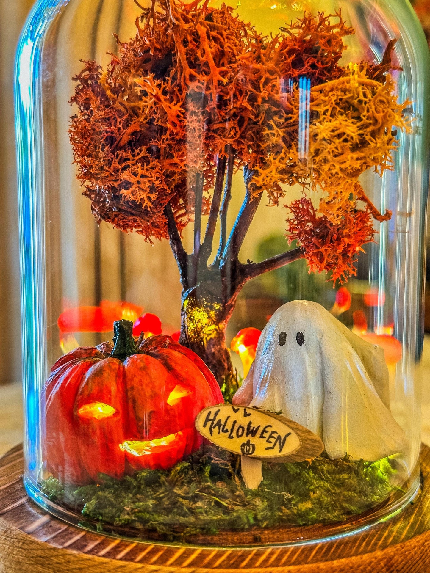Handmade Halloween Terrarium with Ghost, Pumpkin & Autumn Tree – LED Cloche Gift for Spooky Home Decor mossartbyrishstudio