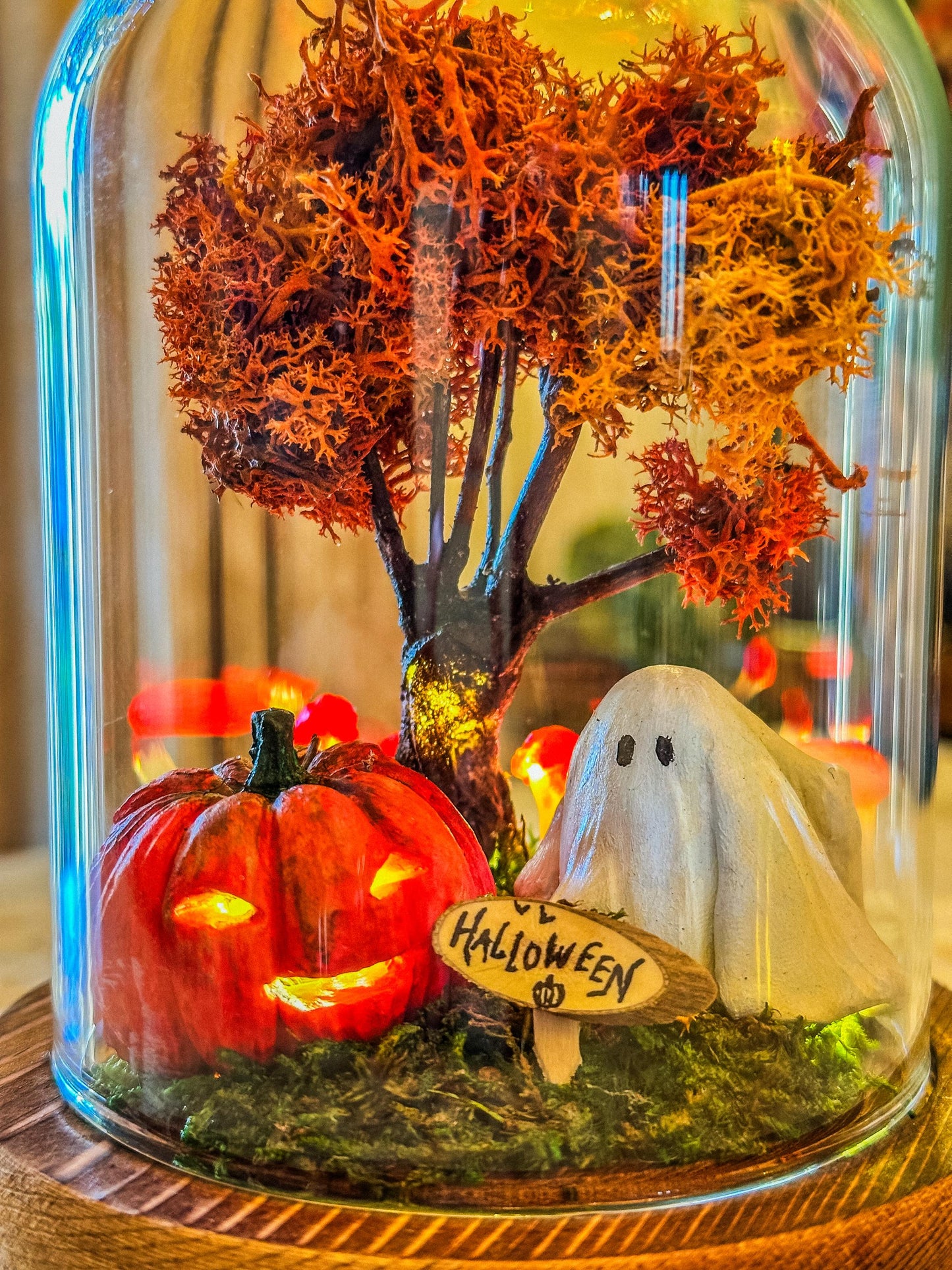 Handmade Halloween Terrarium with Ghost, Pumpkin & Autumn Tree – LED Cloche Gift for Spooky Home Decor mossartbyrishstudio