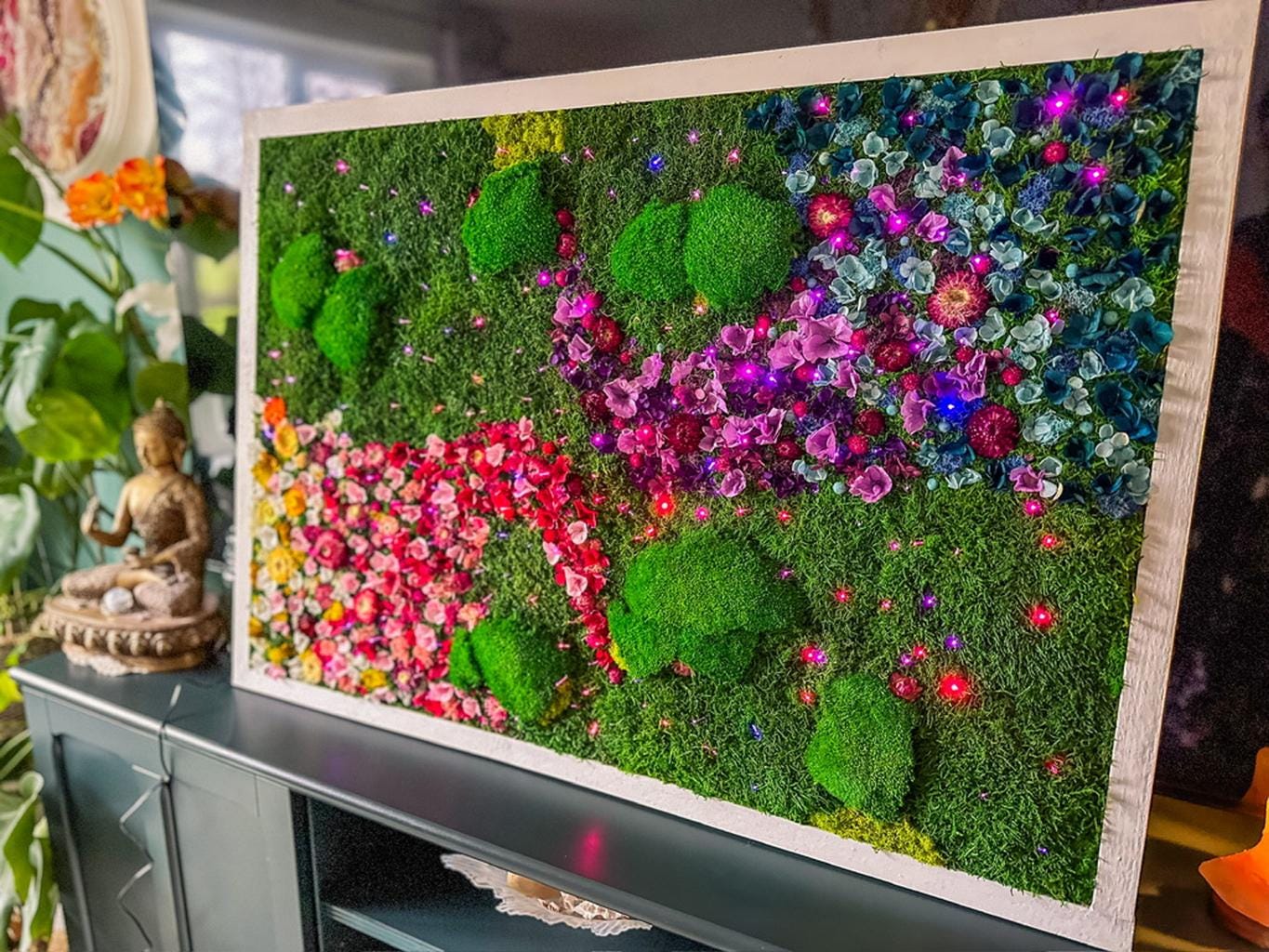 Rainbow Moss Wall Art with LED Lights, Handmade Moss Artwork, Colorful Moss Wall Garden mossartbyrishstudio