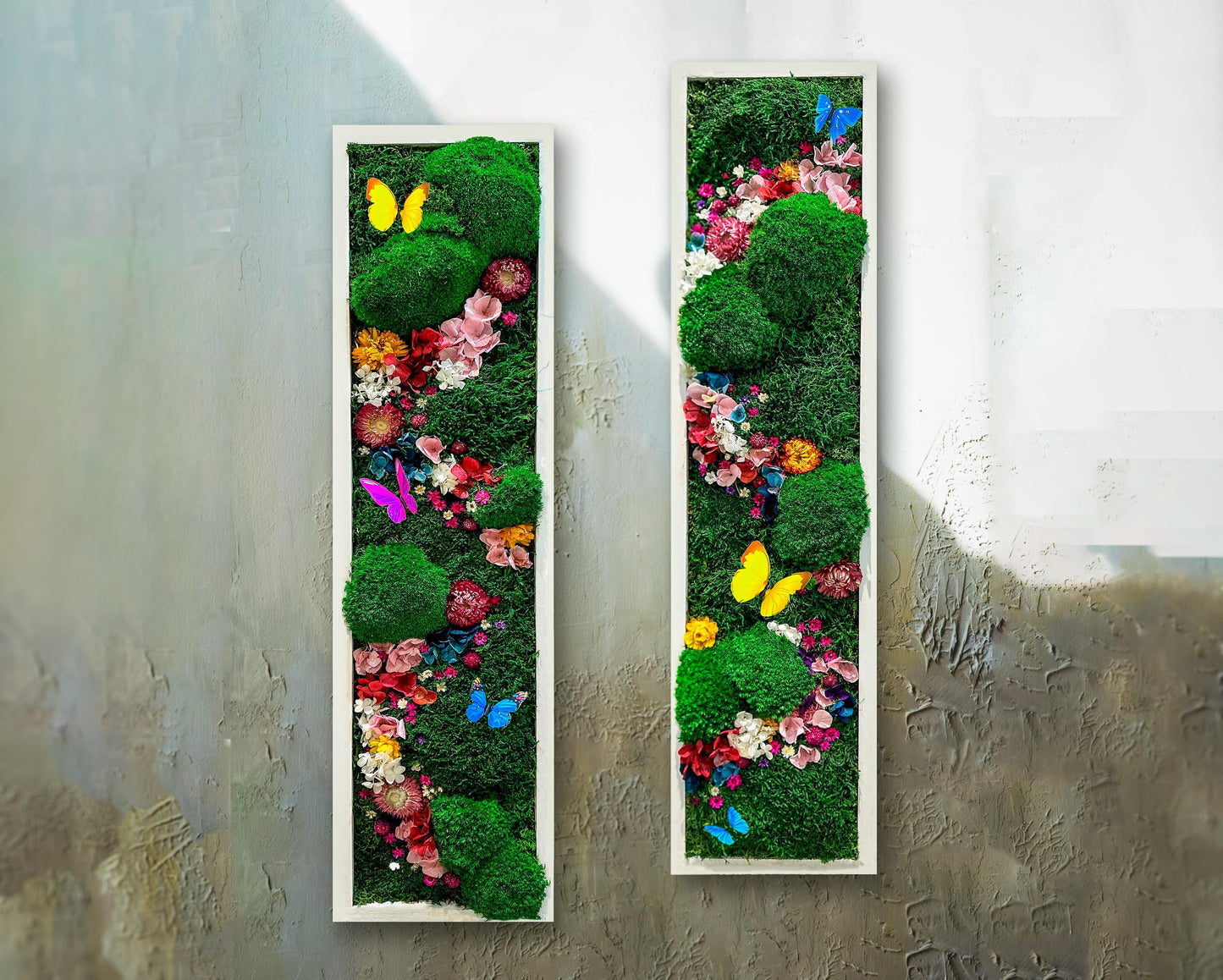 Handmade Vertical Moss Wall Art with Preserved Flowers & Butterflies – One-of-a-Kind Framed Nature Decor for Home & Office mossartbyrishstudio