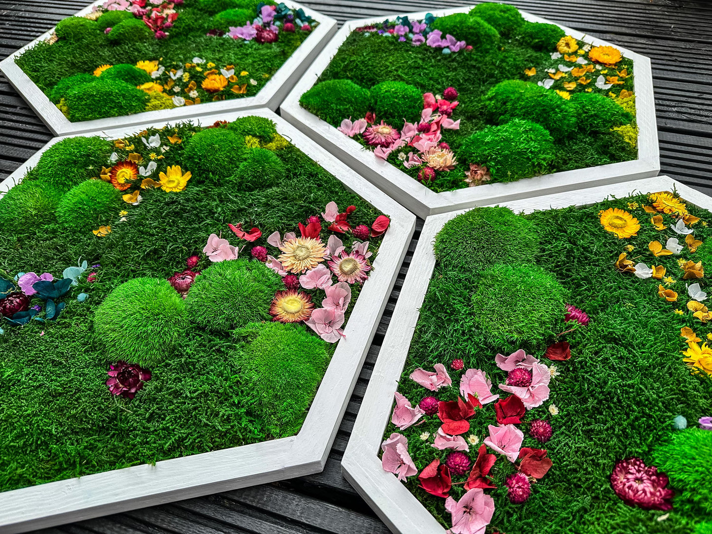 Hexagonal Moss Wall Art Set – Handmade Moss Decor with flowers & Preserved Greenery Panels for Home & Office mossartbyrishstudio