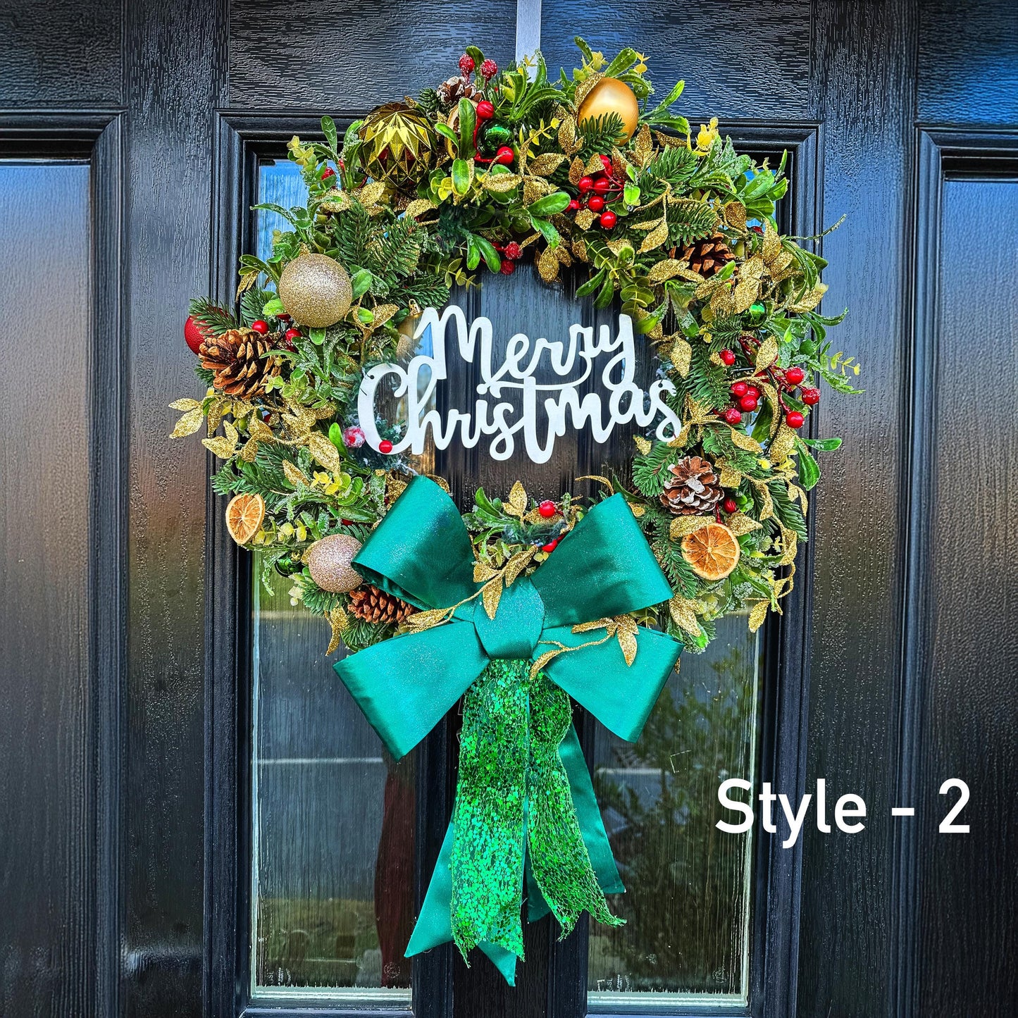 Luxury Christmas Wreath with Red Bow – Handmade Front Door Decoration – Pinecone & Bauble Holiday Wreath with “Merry Christmas” Sign mossartbyrishstudio