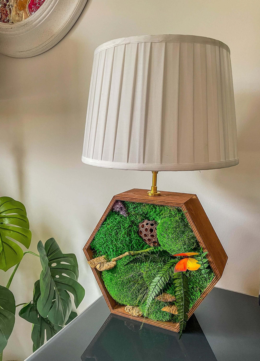 preserved moss lamp, Preserved green moss lamp, moss lamp, moss with light, artificial light for moss, Table beside wooden lamp, Wooden desk lamp, Wooden Hexagon lamp, wooden lamp base uk, rustic wooden lamp bases, living room lamps, quirky lamps