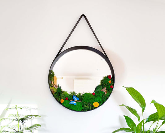 Leather Strap Wooden Wall Round Hanging Decorative Moss Vanity Mirror, moss covered mirror, moss art framed mirror