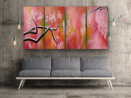 Cherry blossom Multi panel Acrylic Painting, Wall art set of 4, Cherry blossom wall art, multi canvas art, cherry blossoms, Cherry blossom Painting, large canvas wall art, how to paint cherry blossoms with acrylics, cherry blossom painting wall