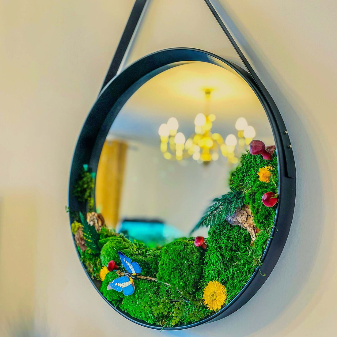 Leather Strap Wooden Wall Round Hanging Decorative Moss Vanity Mirror, Black round mirror, moss wall with mirror, moss mirror with flowers, moss mirror aesthetic, moss mirror full length