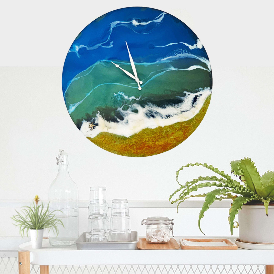 beach themed clocks uk, wooden clock , seaside mantel clock, resin wall art uk, resin beach clock, ocean wall clock
