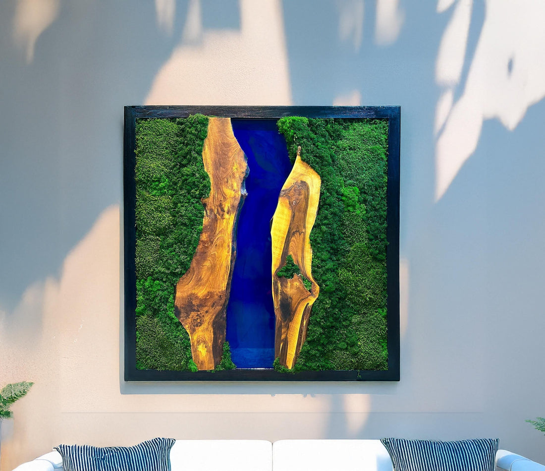  handmade river resin wall art, nature inspired wall art, biophilic design wall decor, sustainable handmade wall art, modern home wall art, luxury moss wall decor, olive wood resin river art, green moss wall hanging, contemporary moss wall art, 