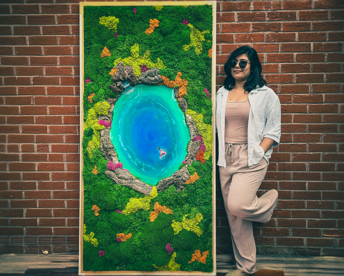 Moss art ocean wall art with mermaid detail – preserved moss resin panel by Rish Studio