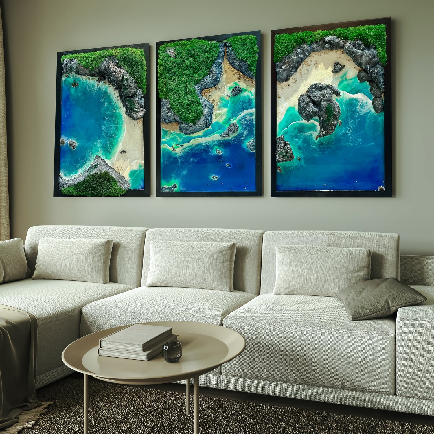 Handmade 3-Piece Ocean Resin Wall Art – Aerial View Coastal Escape Triptych | Kynance Cove mossartbyrishstudio