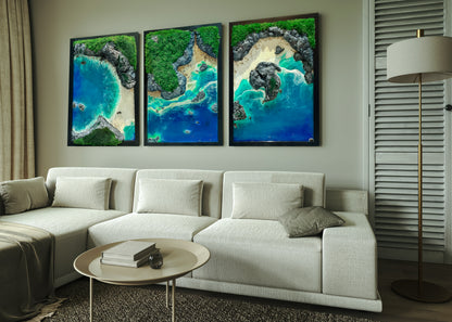 Handmade 3-Piece Ocean Resin Wall Art – Aerial View Coastal Escape Triptych | Kynance Cove mossartbyrishstudio