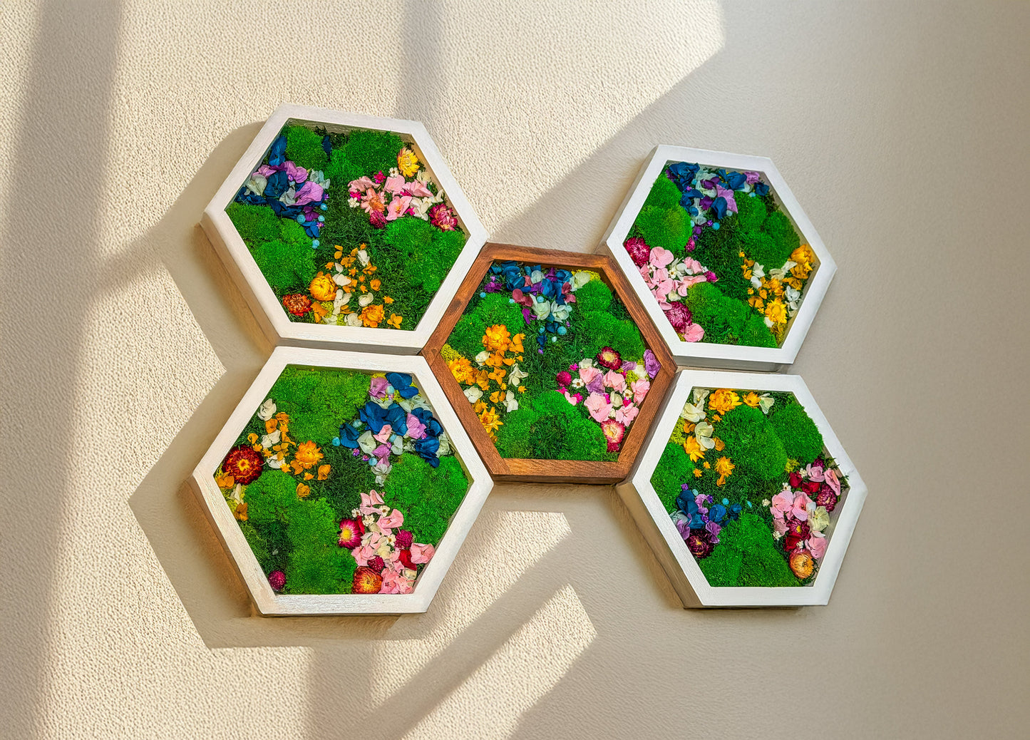 Hexagon Moss Wall Art | Preserved Moss & Dried Floral Frame | Biophilic Decor RishStudio