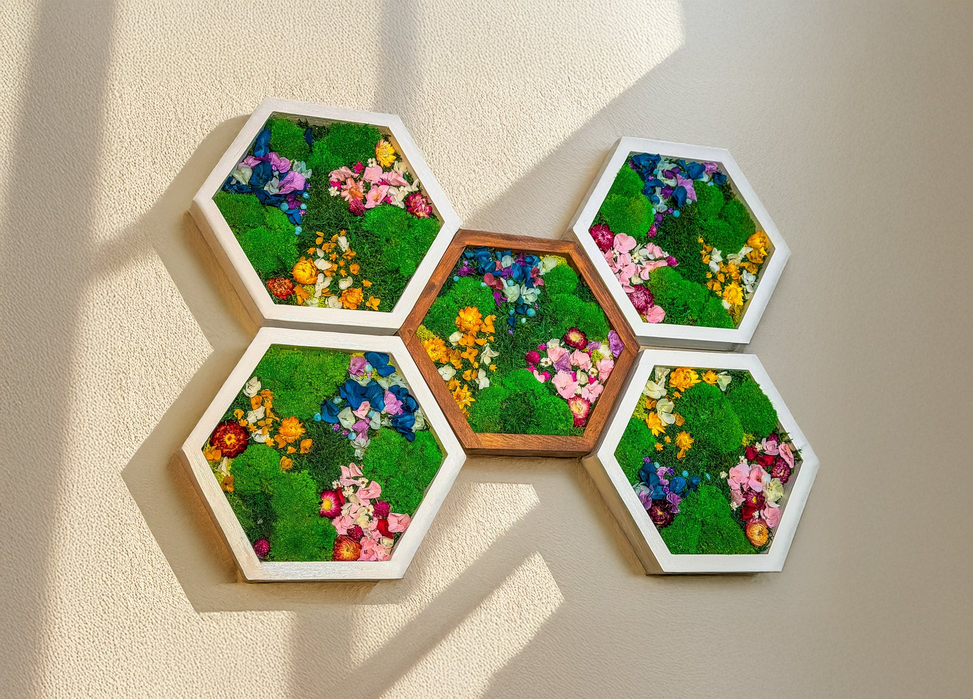 Hexagon Moss Wall Art | Preserved Moss & Dried Floral Frame | Biophilic Decor RishStudio
