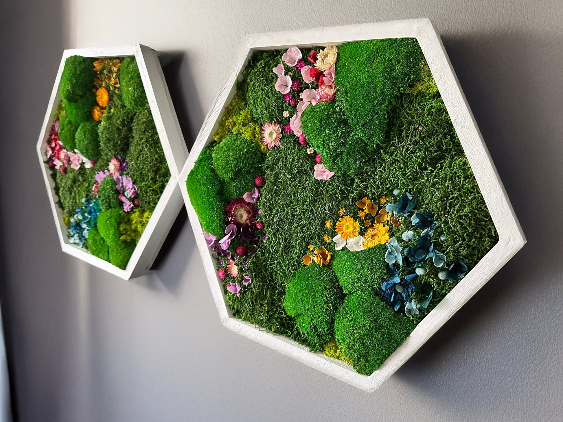 Hexagon Moss Wall Art | Preserved Moss & Dried Floral Frame | Biophilic Decor RishStudio