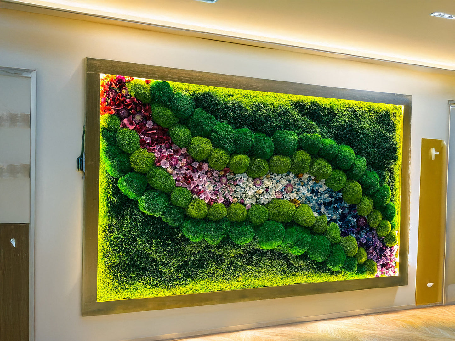 Luxury LED Moss Wall Art – Handcrafted Biophilic Design with Preserved Bun Moss & Floral Accents mossartbyrishstudio