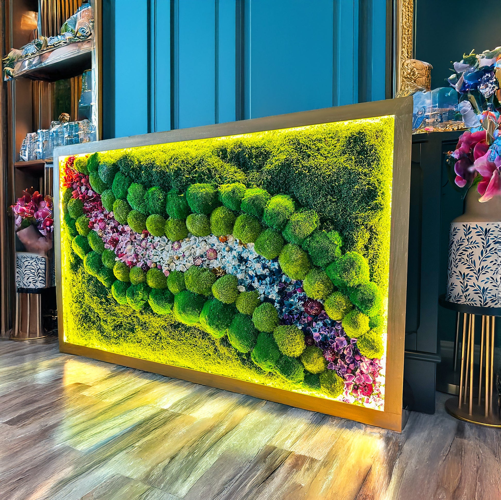 Luxury LED Moss Wall Art – Handcrafted Biophilic Design with Preserved Bun Moss & Floral Accents mossartbyrishstudio