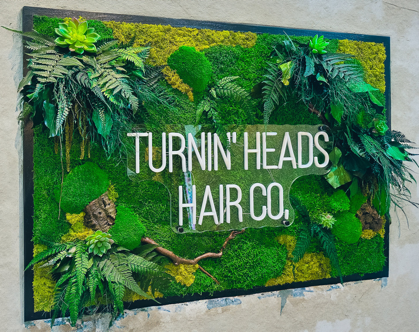 Moss wall art with Neon Lights | Living Moss Wall with Neon Sign mossartbyrishstudio