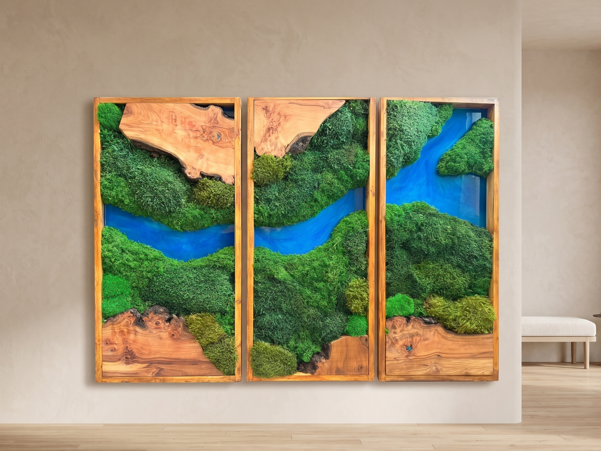 Elevated Triptych Moss & Teak Resin Wall Art - "Azure River" Series mossartbyrishstudio