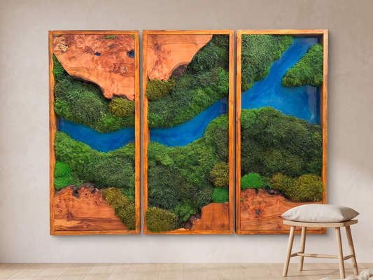 Elevated Triptych Moss & Teak Resin Wall Art - "Azure River" Series mossartbyrishstudio