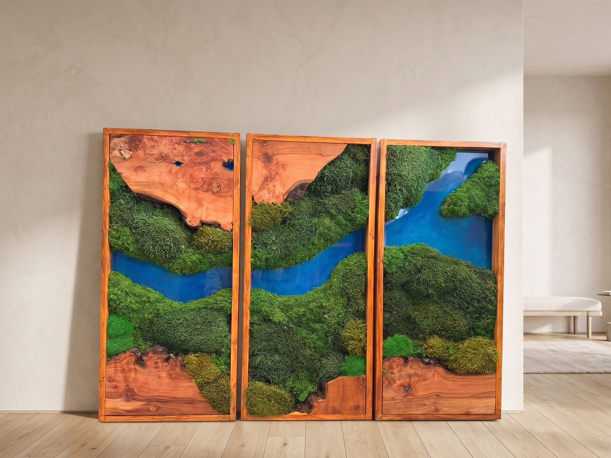 Elevated Triptych Moss & Teak Resin Wall Art - "Azure River" Series mossartbyrishstudio