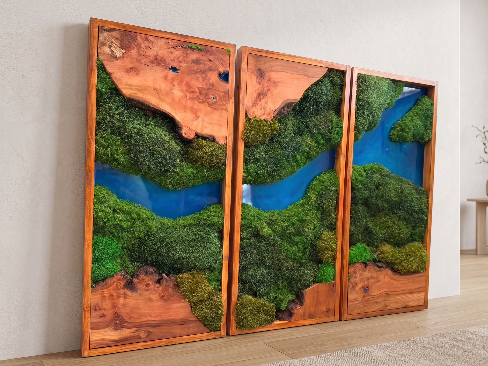 Elevated Triptych Moss & Teak Resin Wall Art - "Azure River" Series mossartbyrishstudio