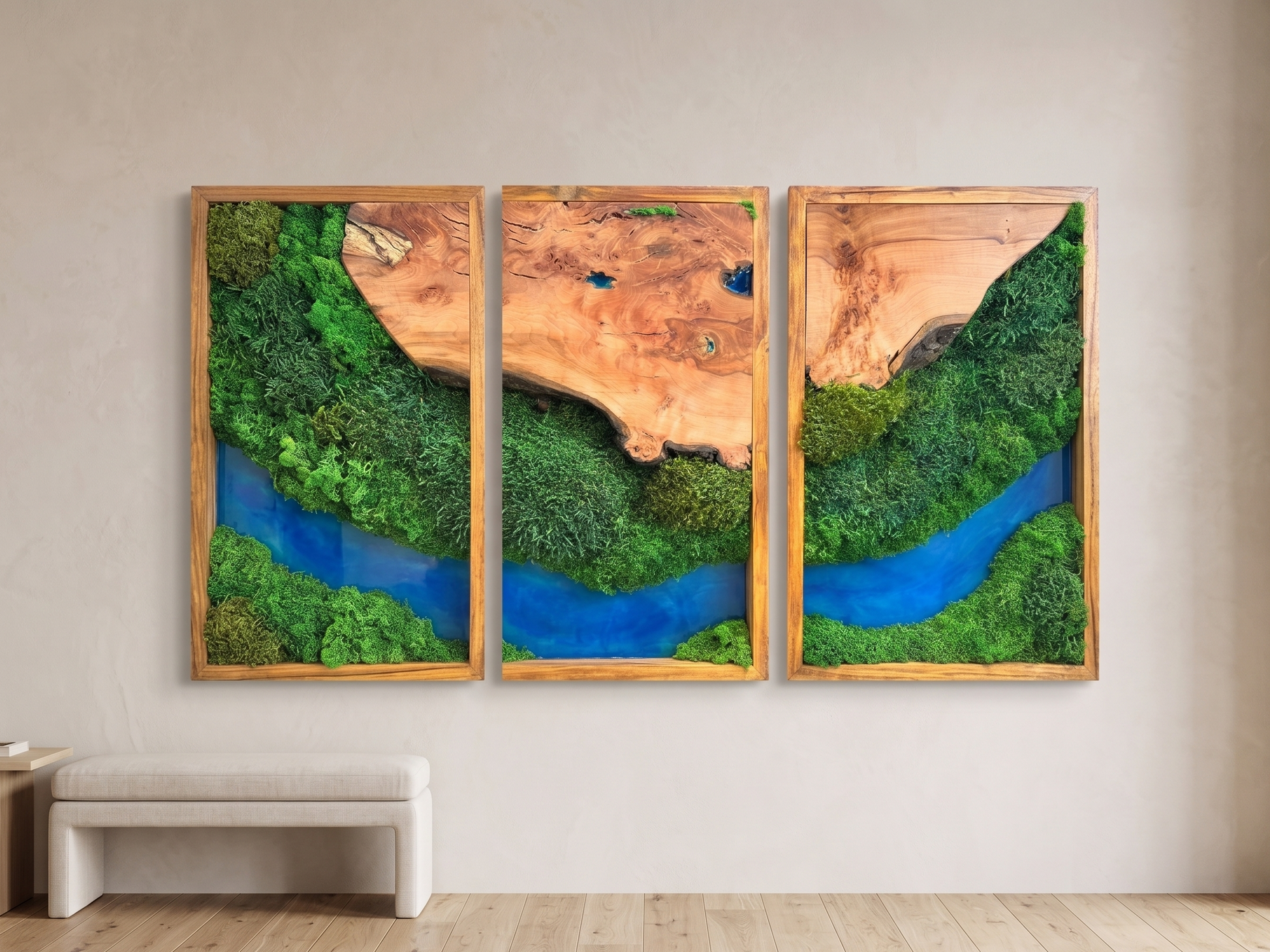 Elevated Triptych Moss & Teak Resin Wall Art - "Azure River" Series mossartbyrishstudio