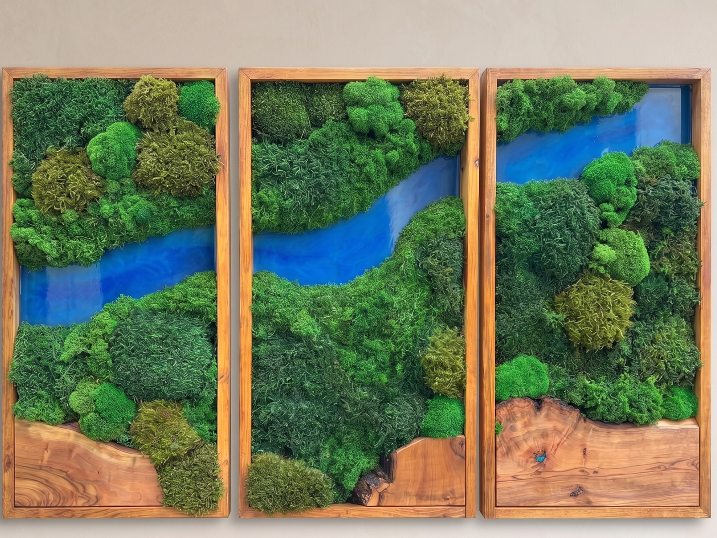 Elevated Triptych Moss & Teak Resin Wall Art - "Azure River" Series mossartbyrishstudio