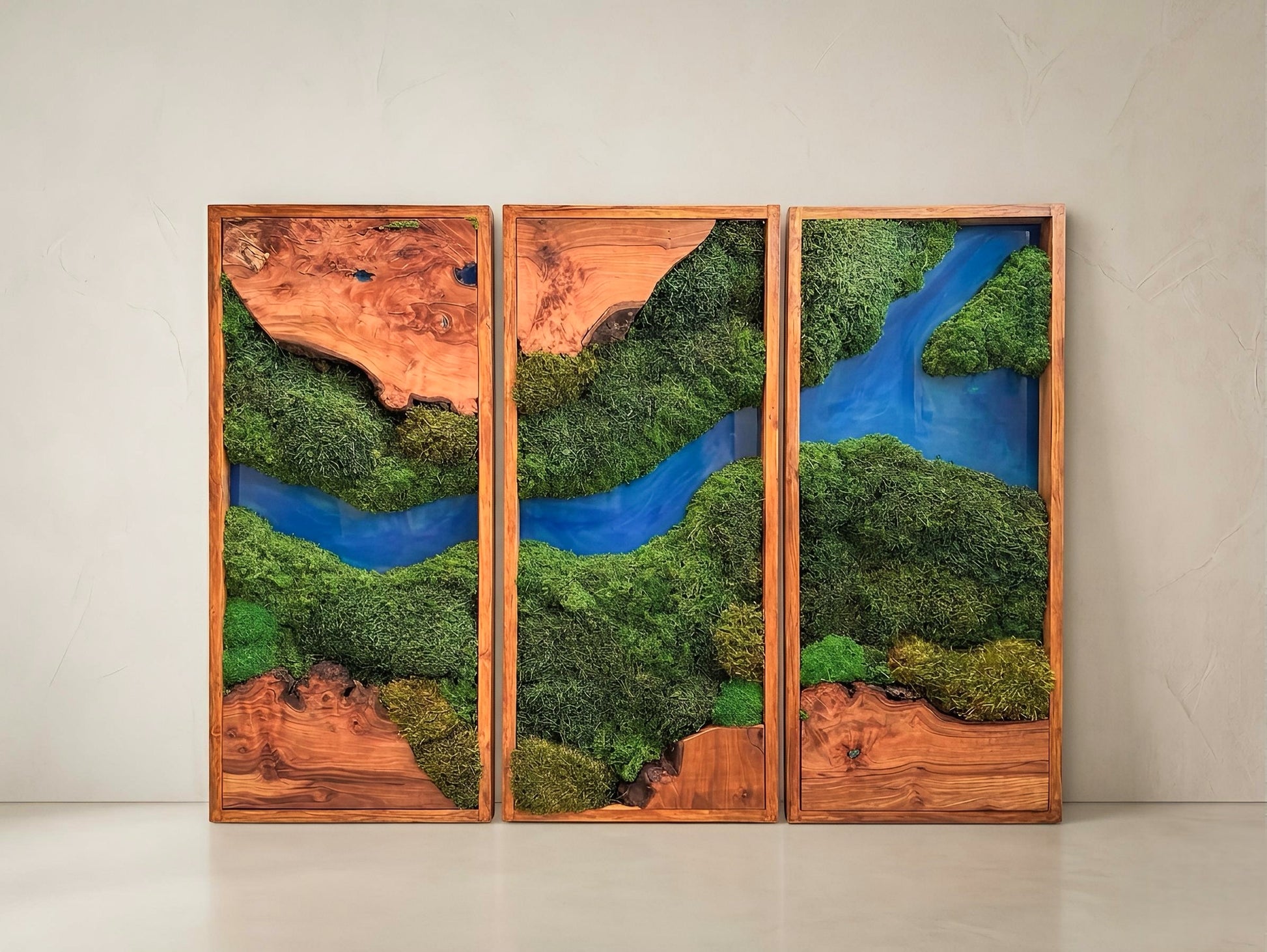 Moss Wall Art Triptych | Preserved Moss & Teak Resin Wall Decor – Azure River Series mossartbyrishstudio