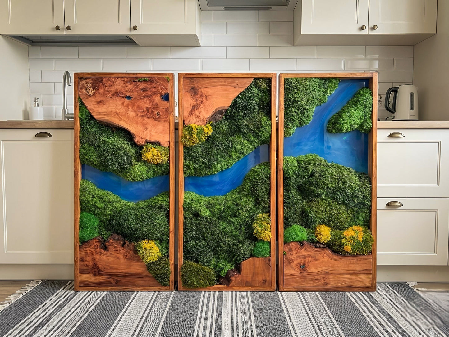 Moss Wall Art Triptych | Preserved Moss & Teak Resin Wall Decor – Azure River Series mossartbyrishstudio