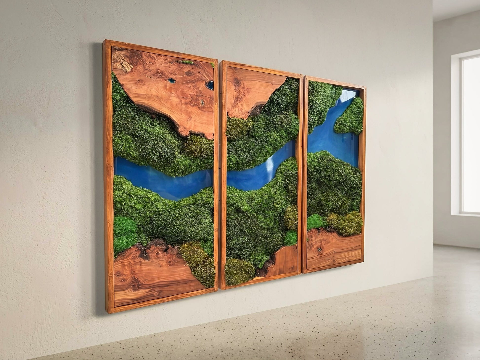 Moss Wall Art Triptych | Preserved Moss & Teak Resin Wall Decor – Azure River Series mossartbyrishstudio