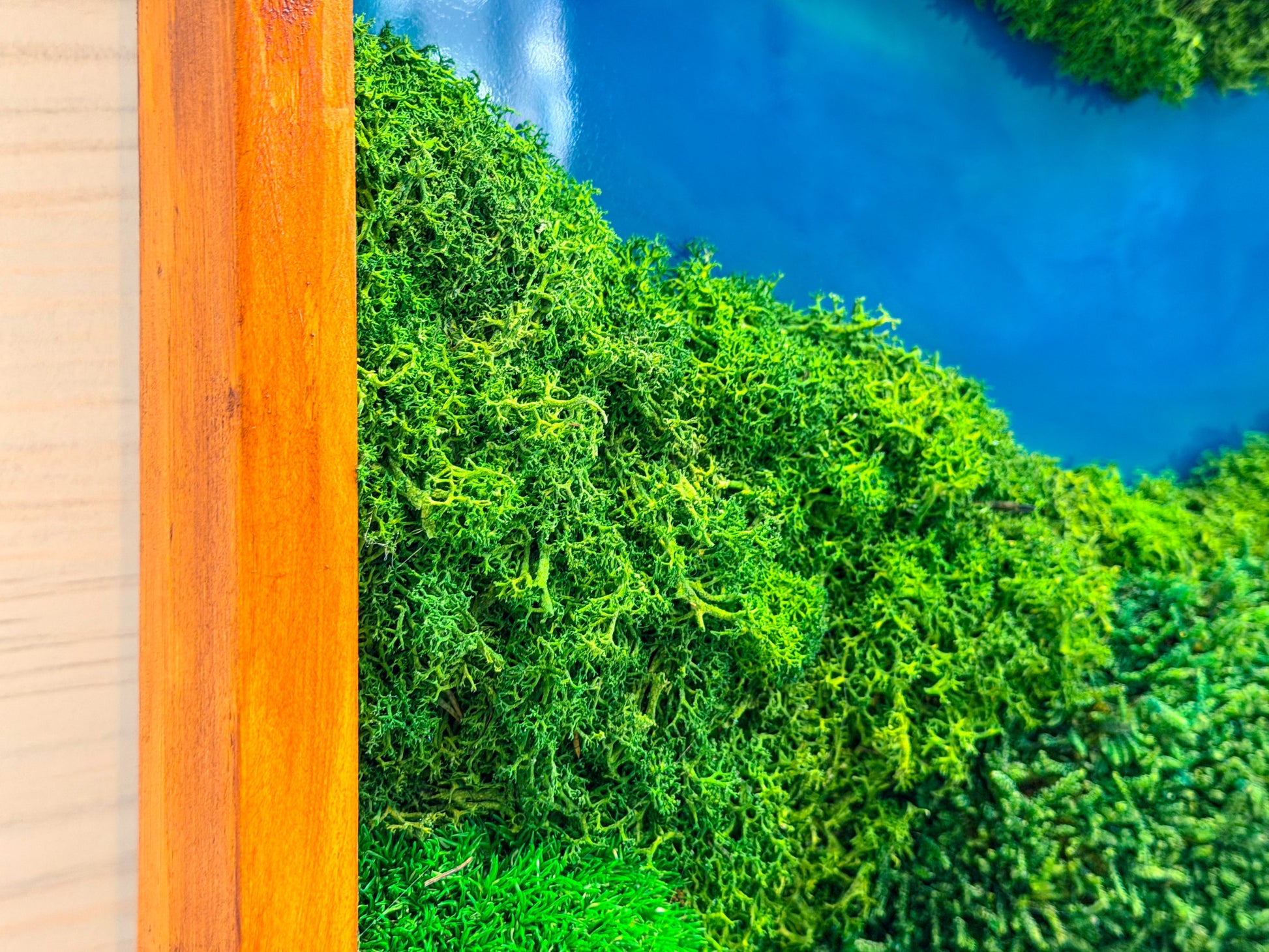 Moss Wall Art Triptych | Preserved Moss & Teak Resin Wall Decor – Azure River Series mossartbyrishstudio