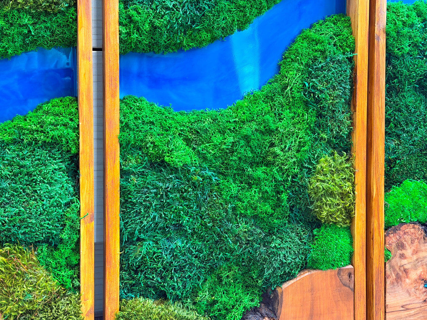 Moss Wall Art Triptych | Preserved Moss & Teak Resin Wall Decor – Azure River Series mossartbyrishstudio
