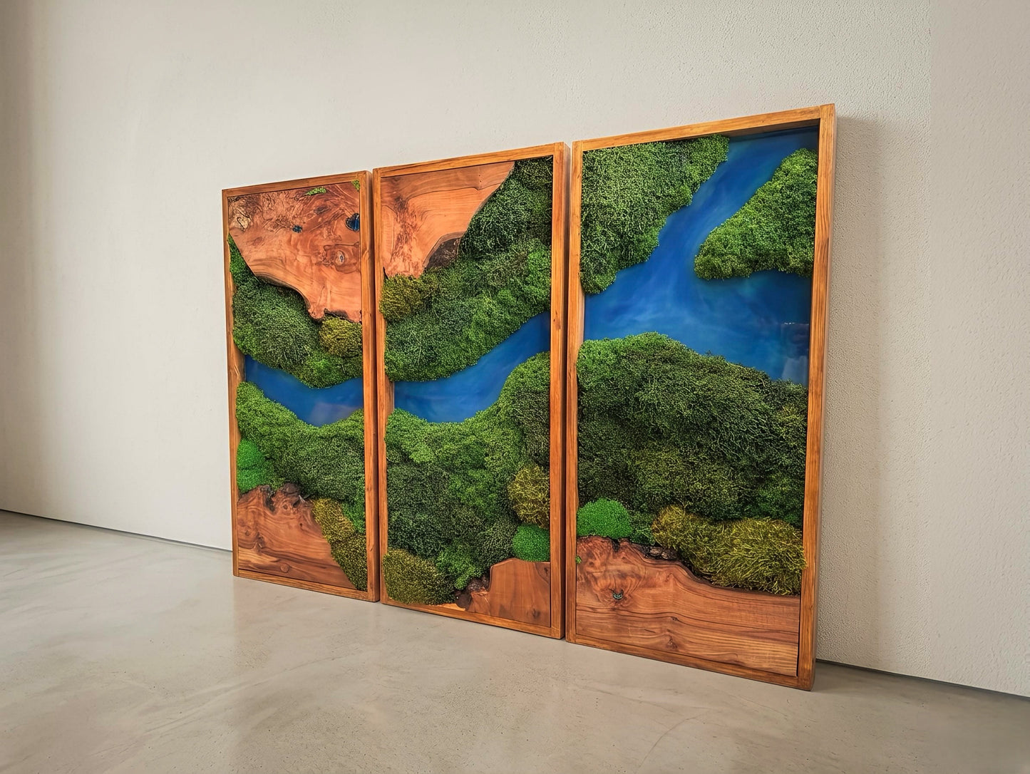 Moss Wall Art Triptych | Preserved Moss & Teak Resin Wall Decor – Azure River Series mossartbyrishstudio
