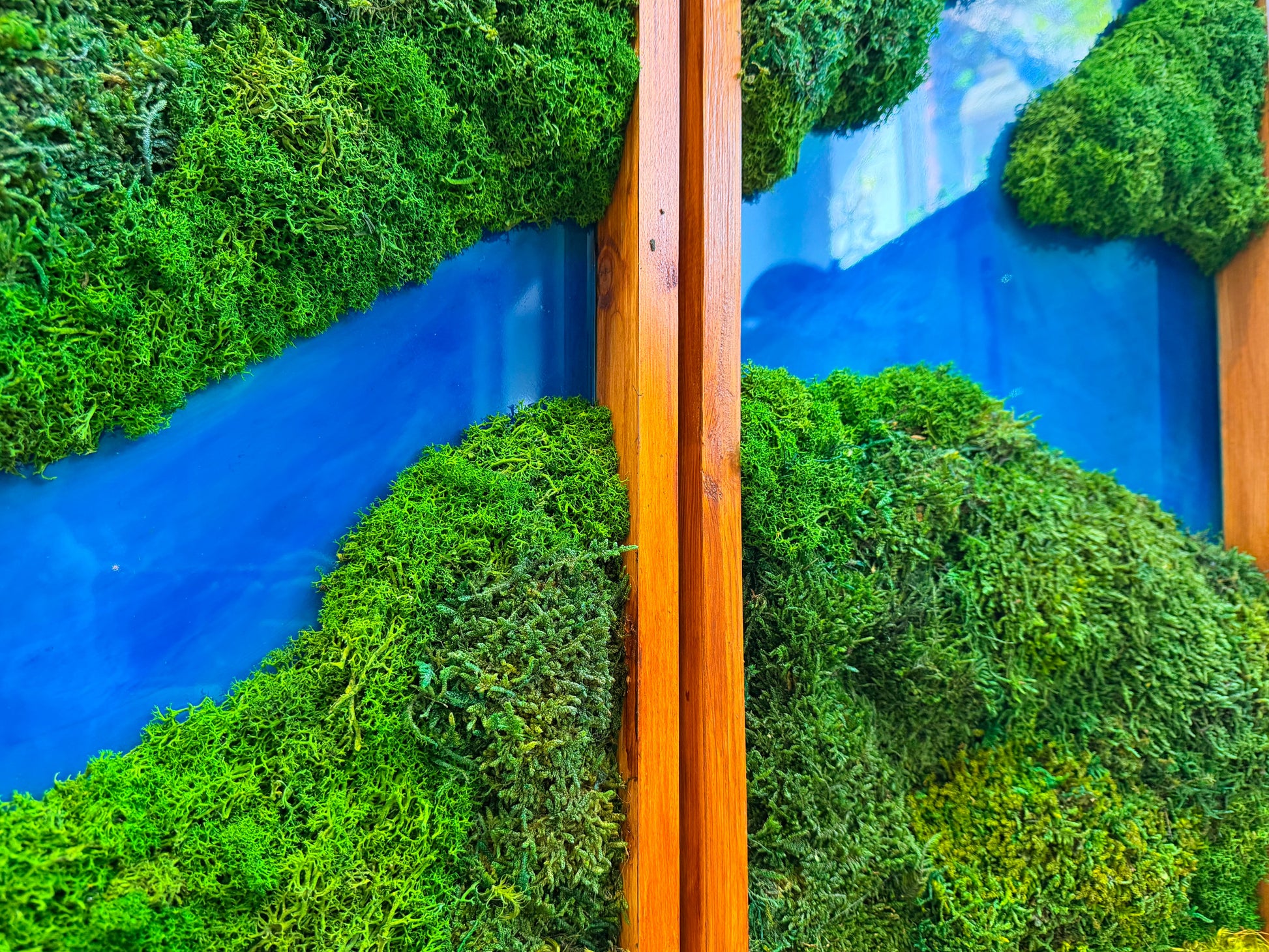 Moss Wall Art Triptych | Preserved Moss & Teak Resin Wall Decor – Azure River Series mossartbyrishstudio