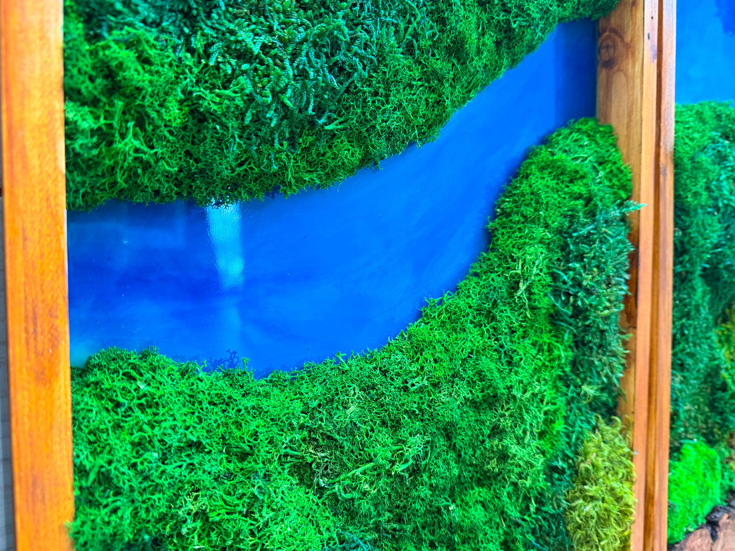 Moss Wall Art Triptych | Preserved Moss & Teak Resin Wall Decor – Azure River Series mossartbyrishstudio
