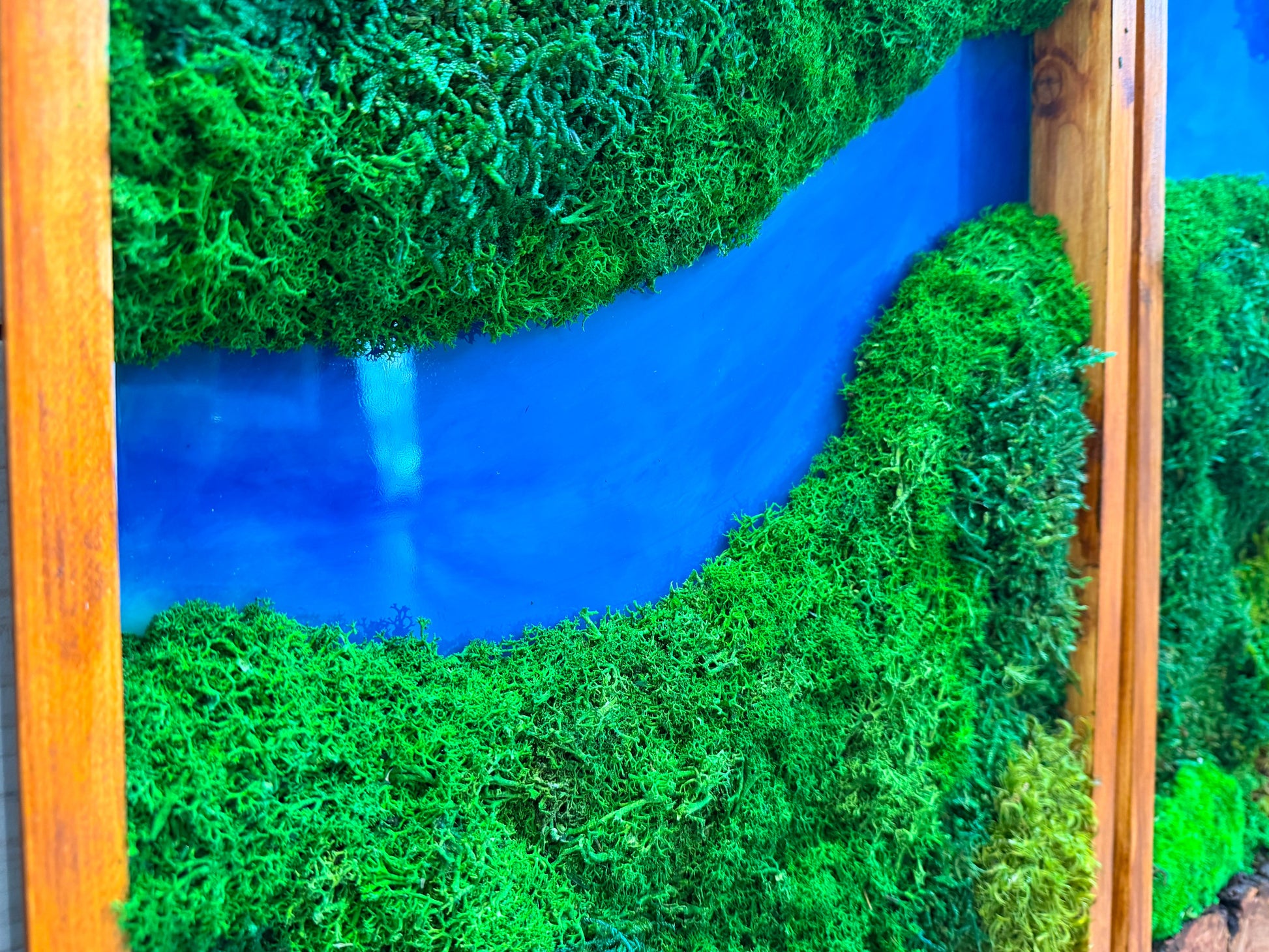 Moss Wall Art Triptych | Preserved Moss & Teak Resin Wall Decor – Azure River Series mossartbyrishstudio