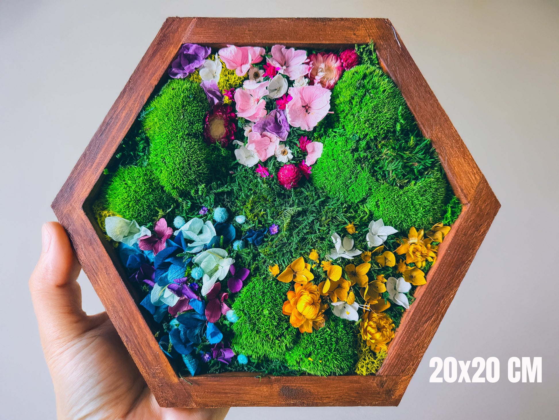 Hexagon Moss Wall Art | Preserved Moss & Dried Floral Frame | Biophilic Decor RishStudio
