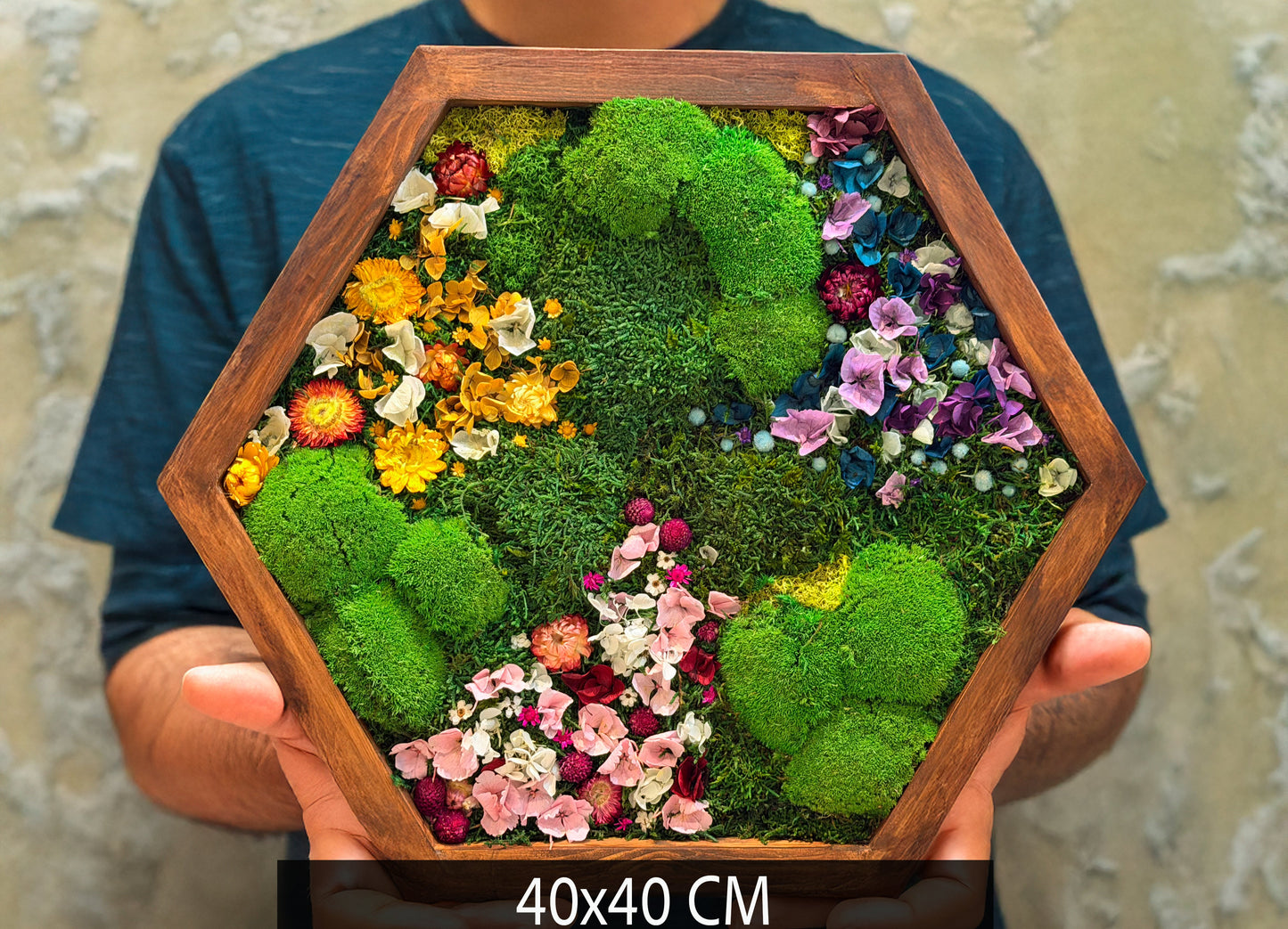 Hexagon Moss Wall Art | Preserved Moss & Dried Floral Frame | Biophilic Decor RishStudio