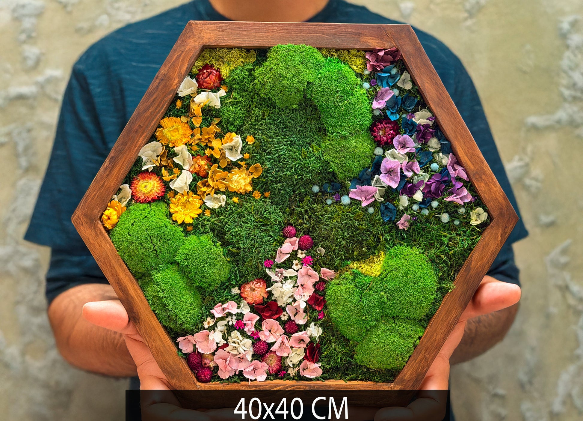 Hexagon Moss Wall Art | Preserved Moss & Dried Floral Frame | Biophilic Decor RishStudio