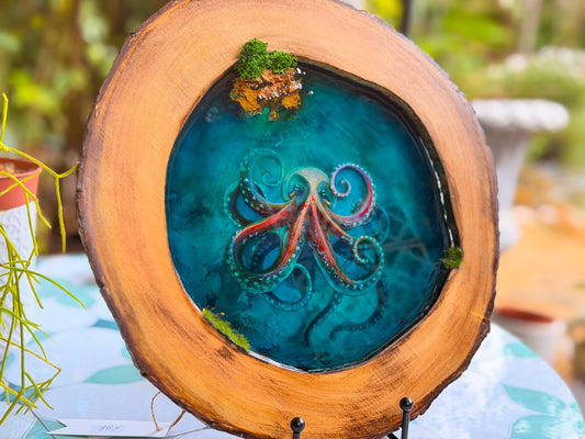 Octopus Portrait, Multi-Layer Resin Wall Art on Natural Wood RishStudio