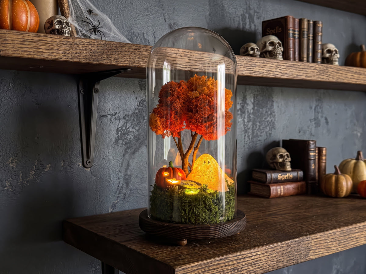 Halloween Terrarium with Ghost & Pumpkin | LED Cloche Decor | Handmade UK RishStudio