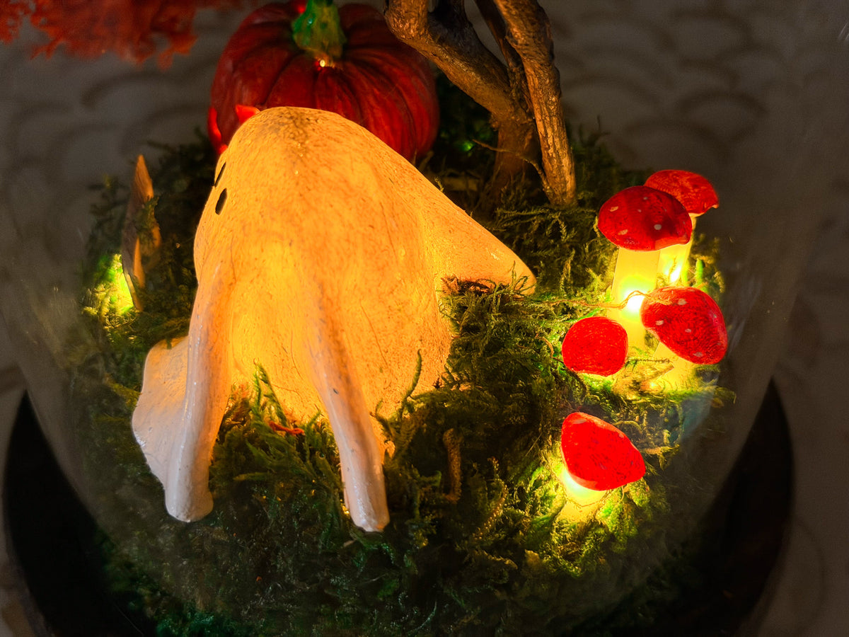 Halloween Terrarium with Ghost & Pumpkin | LED Cloche Decor | Handmade UK RishStudio