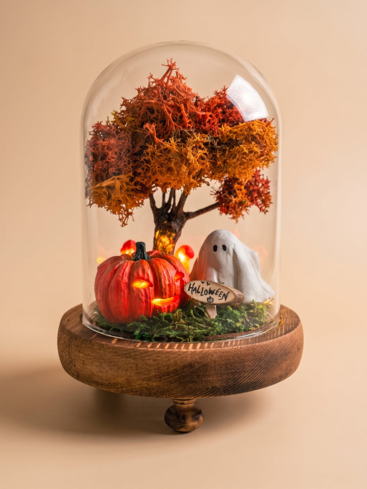 Halloween Terrarium with Ghost & Pumpkin | LED Cloche Decor | Handmade UK RishStudio